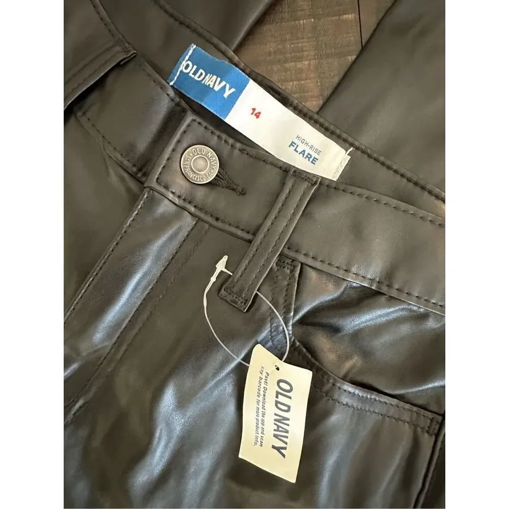 Old Navy Girls High Rise Flare Black Faux Leather Pants With Adjusters Size 14 N